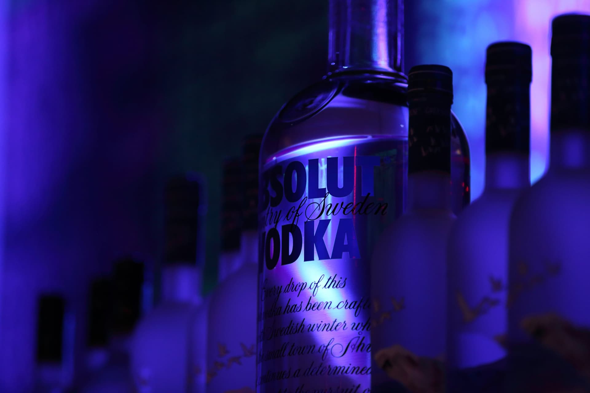 Vodka-Flasche an der Bar in blau-violettem Licht — 54 Grad Nord, Amrum